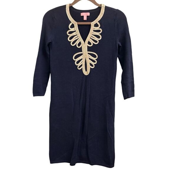 Lilly Pulitzer Delvin Navy blue 100% merino wool sweater dress sz S with gold - Picture 3 of 10